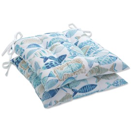 Pillow Perfect Outdoor/Indoor Hooked Seaside Blue Tufted Seat Cushions, 2 Count