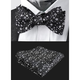 Alizeal Mens Floral Patterned Colorful Classic Self Tied Bow Tie and Pocket Square Set, Black+Gray+White