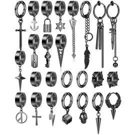 Adramata 25 Pcs Clip on Earrings for Men Stainless Steel Cross Chain Dangle Earrings Black Fake Earrings for Men Women Non Pierced Huggie Hoop Earrings Set