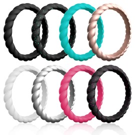 ROQ Silicone Wedding Rings for Women, Affordable Thin Braided Stackable Silicone Rubber Wedding Bands, 8, 4 & 2 Packs and Singles, 9 - 9.5 (18.9mm), Silicone, No Gemstone