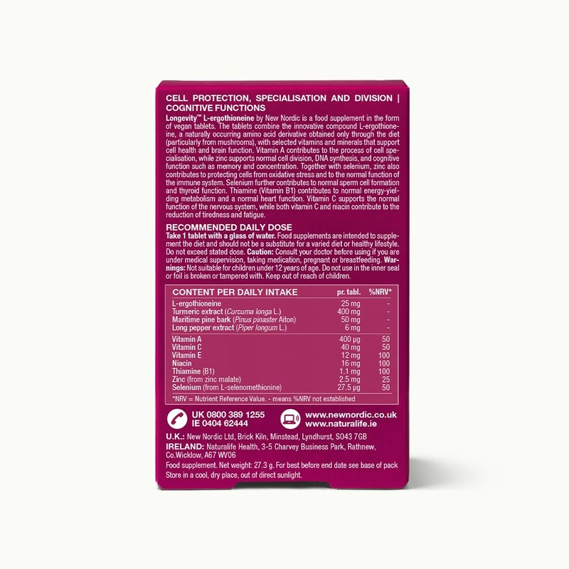 New Nordic Longevity L-Ergothioneine Antioxidant Tablets, Zinc, Vegan, 30ct
