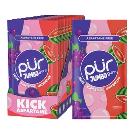 PUR Jumbo Gum | Aspartame Free Chewing Gum | 100% Xylitol | Natural Bubblegum, Grape, Watermelon Flavor, 20 Pieces (Pack of 10)