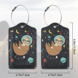 2 Pack PU Leahter Luggage Tag with Stainless Steel Loop,Sloth Space Travel Luggage Tag Travel Suitcase Labels with Privacy Cover ID Label Quickly Spot for Bags & Baggage