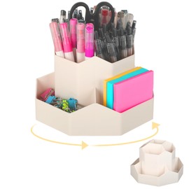 360° Rotating Pen Holder - Desk Organiser with 9 Compartments - Large Capacity Pen Organiser - Office Organiser for Office, School, Pen Holder for Pens and Other Office Supplies (Beige)