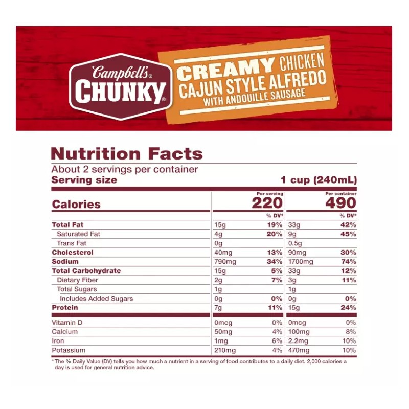 Campbell's Chunky Creamy Cajun Chicken Alfredo Soup 18.8 oz Can