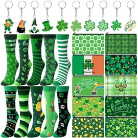 Dansydaisy 30 Pcs St Patrick's Day Gift Sets Makeup Bags Bulk Green Irish Shamrocks Socks and Keychains Hat Rainbow Gnome Pendant Ornament for St Patrick's Day Party Favor Supplies Holiday Gift
