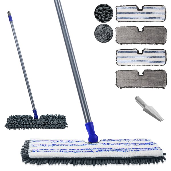 Masthome Flat Dust Mop,Microfiber Flip Mop with 4 Washable Mop Pads and 1 Cleaning Scraper,Wet Dry Mop for Hardwood Laminate Ceramic Marble Tile Floor Cleaning,Blue