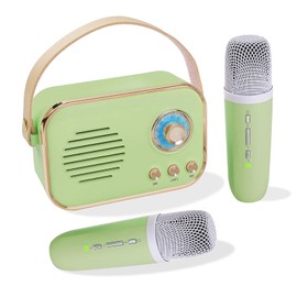 Mini Karaoke Machine for Kids, Portable Bluetooth Speaker with 2 Wireless Microphones HiFi Music Player, Retro Microphone and Speaker Set Gifts for Kids Birthday Home Party (Green)
