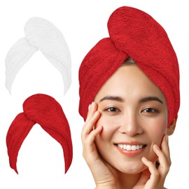 LUXTOGO Hair Turban - 100% Cotton - Premium Quality Hair Towel with Button and Elastic - Quick-Drying Head Towel Turban - Super Absorbent Hair Towel Turban without Microfibre (White + Red, Pack of 2)