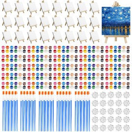 25 Set Mini Canvas and Easel Set, 4 x 4 Inch Mini Canvases for Painting with Mini Wood Easels + Acrylic Paints + Brushes + Palettes, Paint Party Supplies Mini Canvases Painting Kit for Kids