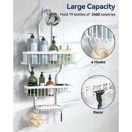 YASONIC Shower Caddy - Never Rust Aluminum Organizer - Over Shower Head with 10 Hooks & Soap Basket - White