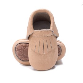 HONGTEYA Leather Baby Moccasins Hard Soled Tassel Crib Toddler Shoes for Boys and Girls (6-12 Months Infant, Light Khaki)