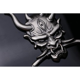 Samurai Metal Car Sticker, Japanese Hannya mask Decal, Ghost Fangs Warrior Emblem, Devil Death Skull Cool Badge for Automotive, Truck, Motorcycle (Gun Color)