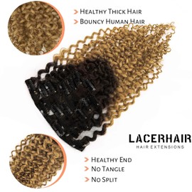Lacer Curly Clip in Hair Extensions for Black Women 3B 3C Real Remy Human Hair #1B/27 Ombre Brown to Blonde 18 Inch 7Pcs 120G