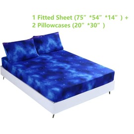 SDIII 3PCS Blue Space Fitted Sheet Set Full, Bed in a Bag Galaxy Bed Fitted Sheet Full, Soft Microfiber, Deep Pocket Full Fitted Sheet for Kids Boys and Girls, 1 Fitted Sheet and 2 Pillowcases