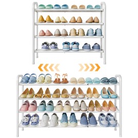 Gewudraw Shoe Rack for Closet,4 Tier Shoe Organizer, 28“ Metal Shelf Can Expandable to 42“, for Bedroom, Entryway, Living Room, Garage, Adjustable to 24 Pairs Shoes, White