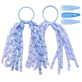 Basic Sense Spiral Streamer Elastics and Hair Snap Clips - Plain & Gingham for Girls, Mid Blue