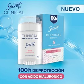 SECRET, Desodorante Clinical con Ácido Hialurónico, Crema Suave, Powder Protect Cotton, 45 GR
