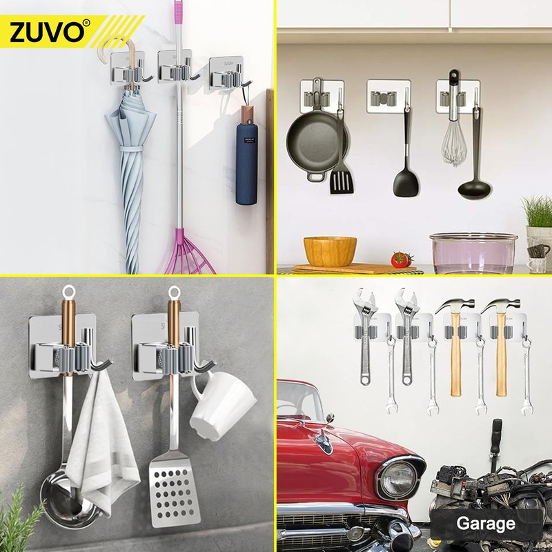 Broom Holder Wall Mounted, 4-Pack – Stainless Steel Mop and