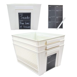 odeeoqcc Built-in Chalkboard Labels Plastic Open Storage Basket Organization Bins for Kitchen Pantry and Cabinets,Pack of 4, 11" x 8.3" x 6.8"，White