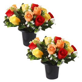 JOAASU Artificial Flowers For Graves, 2pcs Grave Flower In Pot, Artificial Grave Flowers Pots, 12 Head, Artificial Flower for Cemetery, Memorial, Christmas Decorations (Red,Orange, Yellow)