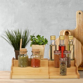 Relaxdays, Natural Bamboo Spice Rack, 3 Levels, Extendable, Natural Look, Spice Stairs Worktop, H x D x D: 9 x 38 x 22 cm