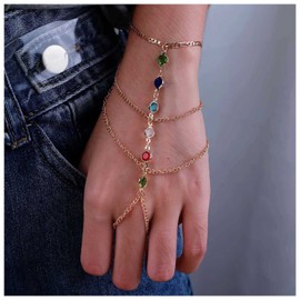 Inateannal Boho Layered Finger Ring Bracelet Gold Hand Chain Harness Bracelet Colorful Crystal Finger Chain Bracelet Slave Bracelet Jewelry for Women and Girls