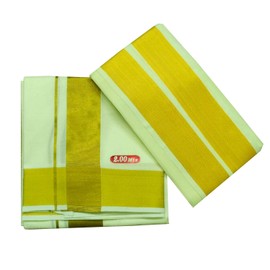 Stylesindia Men's Cotton 2.0 Meter Single Layer Colored Resham/Zari Bordered Dhoti with 1.80 M Angavastram | Dupatta | Towel Cream