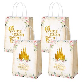 AIBIIN 24 Pcs Once Upon a Time Party Favor Bags, Pink Floral Gold Castle Princess Fairytale Birthday Party Bags Girls First Birthday Treat Bags with Handles Candy Goodie Bags for Girls Birthday Party Supplies