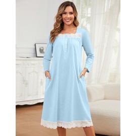 Soft Night Gown for Women Lace Long Sleeve Nightgown Pure Cotton Sleepwear Comfy Winter House Dress with Button Blue,L