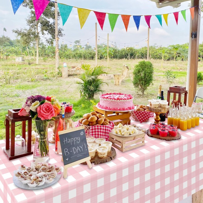 4 Pack Pink Gingham Tablecloths, Pink and White Checkered Tablecloths