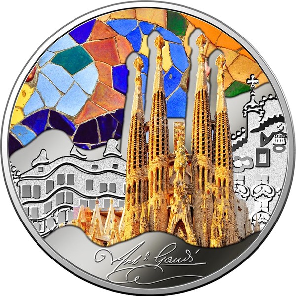 Power Coin Sagrada Familia Colorful World of Gaudí 1 Oz Moneta Argento 1000 Franchi Cameroon 2023