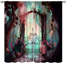 Fantasy Nature Curtains for Windows, Gothic Gate Fantasy Forest Theme Curtains for Living Room, Magic Dreamland Fairy Landscape Pattern Blackout Drapes 2 Panel Sets, 42x54 Inch