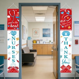 KYMY Nurses Week Porch Banner Decorations, 2PCS Thank You Nurse Hanging Door Banners 70.9 x 11.8 Inch, Nurse Appreciation Decorations for Nursing Graduation Party, Hospital Medical Staff Celebration