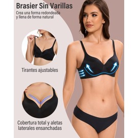 KIROGILY Brasier Mujer 3 Pcs, Brasier Sin Varillas Mujer, Bralettes Cómodo de Mujer, Brasieres Push Up Mujer, Bra Cobertura Completa Suave, Sujetador Fino Sin Costuras Everyday Blanco Negro Desnudo