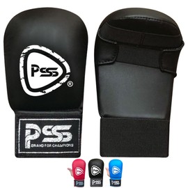 PSS Kids Karate mitt gloves for Boxing Martial Arts jab Training sparring junior pads open finger palm style Without Thumb Black Blue & Red Color 1018 (Black, S)
