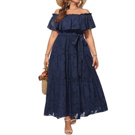 Plus Size Wedding Guest Dresses Formal Navy Blue Off The Shoulder Maxi Boho Graduation Casual Long Lace Sundress 2024