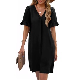 OFEEFAN Summer Dresses for Women Short Sleeve Ruched V Neck Semi Formal Dresses for Women with Pockets Black XL