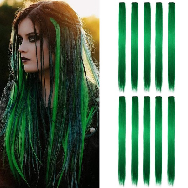 20 Inch Colored Clip in Hair Extensions 10pcs Straight Hair Synthetic Hairpieces for Party Highlight Green