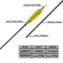 BOWSOUL 30inch Hunting Carbon Archery Arrows with 5" Turkey Feathers Spine 300/400/500 for Recurve & Long Bow (Pack of 12) (Yellow&Yellow Cam, SP400)