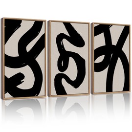 KUVIOKE Black Abstract Framed Wall Art Ink Wash Minimalist Lines Painting Artwork for Bedroom Living Room Hallway Decor Ready to Hang 11x14in (Natural Framed)