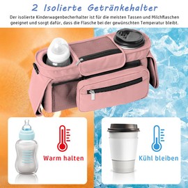 Tyuodna Universal Pram Organiser, Pram Bag with 2 Insulated Cup Holders, Buggy Organiser, Pram Bags with Shoulder Strap and Non-Slip Secure Hooks (Pink)