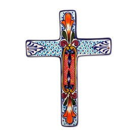 NOVICA Orange and Blue Hand Painted Floral Ceramic Wall Mounted Cross, 'Orange Lily'