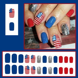 24Pcs 4th of July Press on Nails Medium Square Fake Nails American Flag Star Silver Glitter Design False Nails Independence Day Flag Acrylic Artificial Nails Glue on Nail for Women DIY Manicure Decor