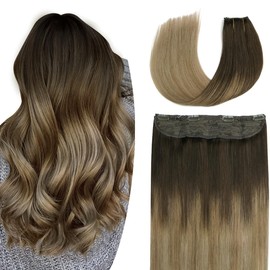 SURNEL 22 inch Fish Line Hair Extensions Balayage 2 Dark Brown Fading to 6 and 18 Ash Blonde Wire Hair Extension Human Hair 80g(#2/6/18,22inch)