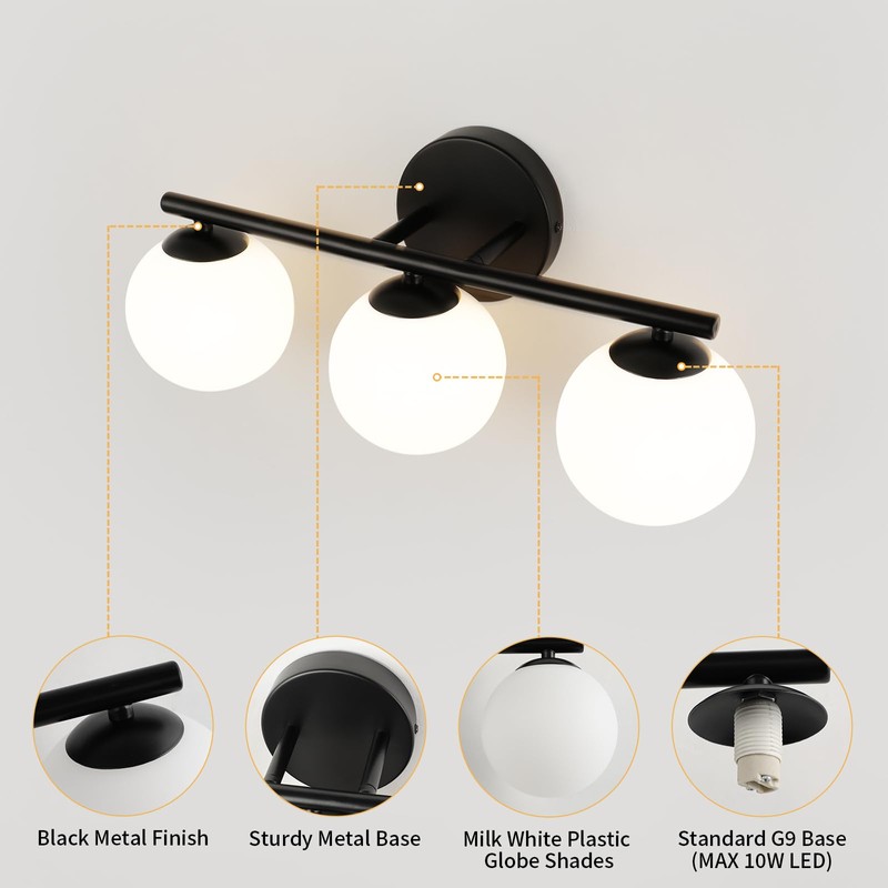 foucasal Black Globe Bathroom Light Fixtures 3-Light Vanity Light with