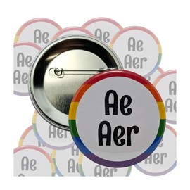 Neopronoun pin: Ae Aer - highly visible pinback buttons with rainbow border - large, 2.25 inch - bulk pack of 100 buttons