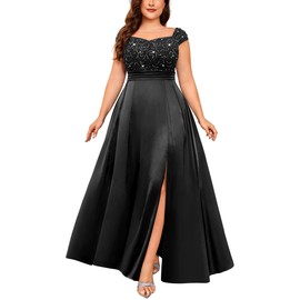 MISSMAY Women's Plus Size Sequin Lace Off Shoulder Satin Slit Formal Evening Party Maxi Dress Black