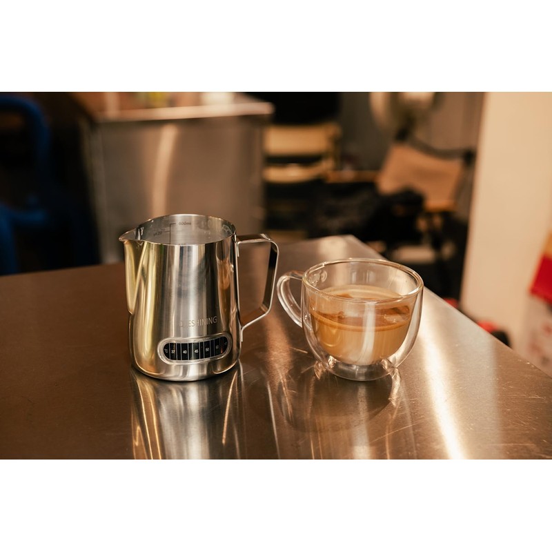 QLESHINING Milk jug Frothing with Thermometer, Stainless Steel Coffee Pitcher