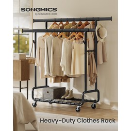SONGMICS Clothes Rack, Heavy-Duty Rolling Clothing Garment Rack with Wheels, Extendable Double Hanging Rods and Adjustable Height, Portable, with Shelf and Hooks, Ink Black UHSR015B01